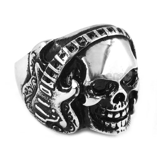 Gothic Listening Music Skull Stainless Steel Ring SWR0327 - Click Image to Close